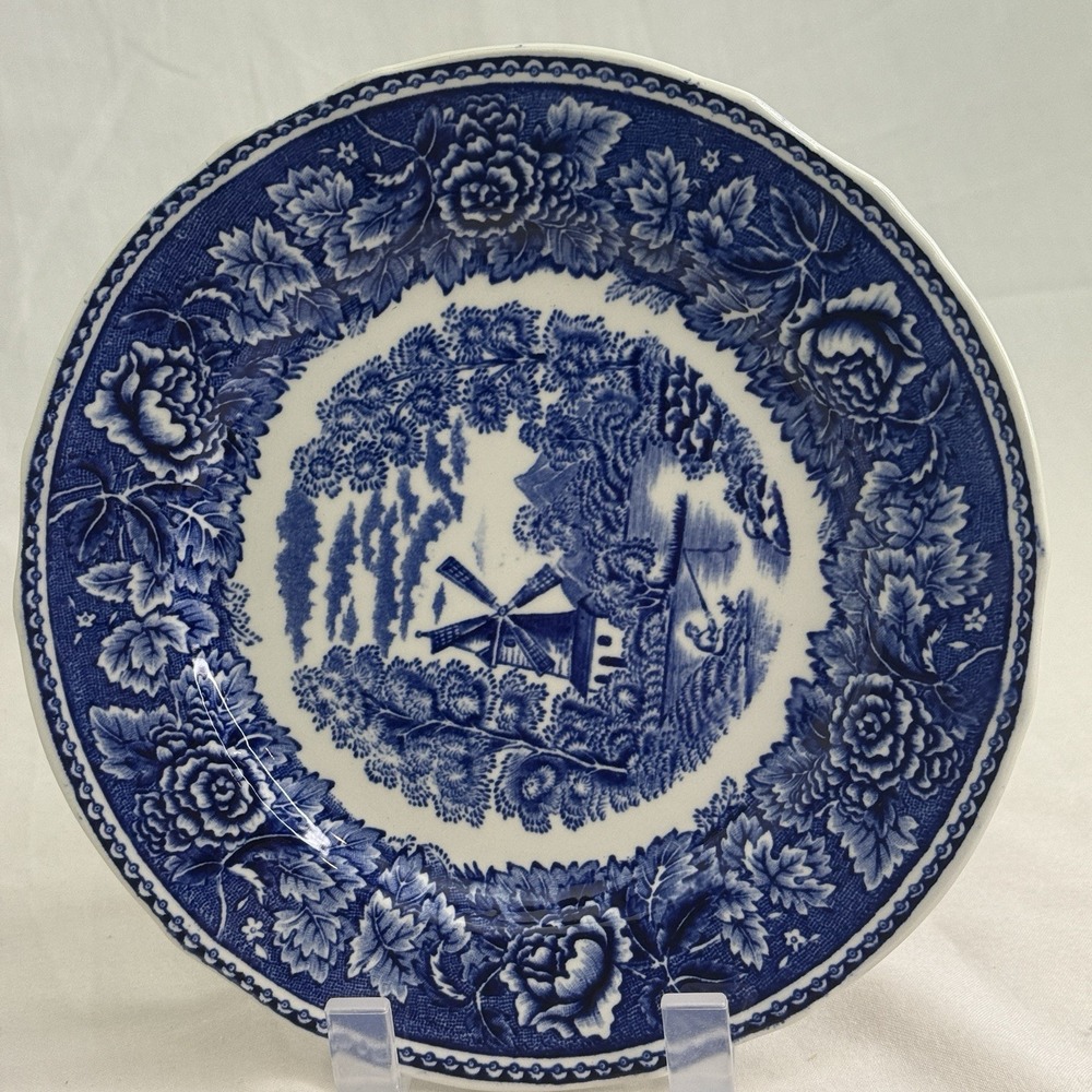 Vintage Arabia Finland Blue & White Windmill Man Fishing Scene Plate 10"